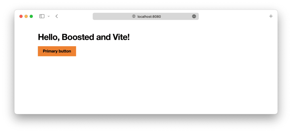 Boosted-branded webpage with the title 'Hello, Boosted and Vite!' and an orange primary button